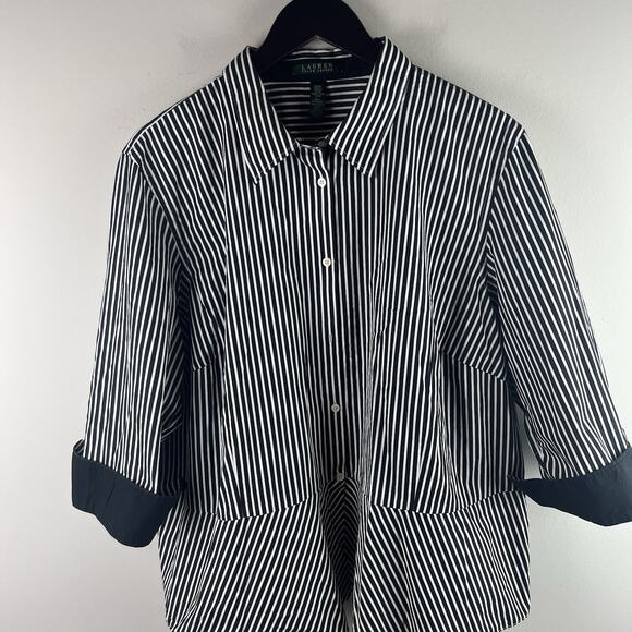 Ralph Lauren Top 22W Black White Striped Button Up Shirt Collar Cotton 22 - Picture 2 of 6